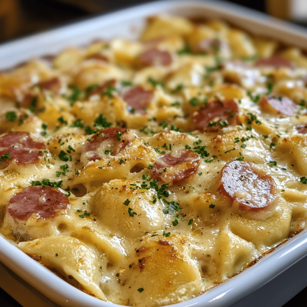 Crockpot Pierogi Casserole With Kielbasa featuring tender potato pierogies, sliced kielbasa, and creamy sauce garnished with fresh parsley and sour cream