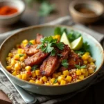 Easy Street Corn Chicken Rice Bowl with grilled lime chicken, cilantro rice, and creamy Mexican elote corn topping