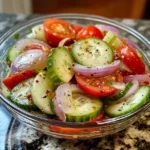 Fresh marinated cucumbers onions and tomatoes recipe in white serving bowl with dill garnish