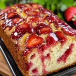 Moist strawberry bread one bowl recipe sliced on cutting board with fresh strawberries