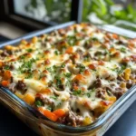 brown Philly cheesesteak casserole in a rectangular baking dish, showing layers of tender beef