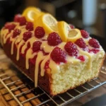 Golden-brown raspberry lemon loaf on a white cake stand, drizzled with glossy lemon glaze and topped