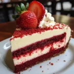This red velvet strawberry cheesecake slice reveals beautiful layers of flavors - from the tender red velvet base to the creamy strawberry cheesecake top, creating the perfect dessert for any special occasion.