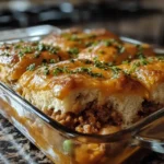 Sloppy Joe Biscuit Casserole with golden biscuit topping and bubbling meat filling in white baking dish on rustic wooden table