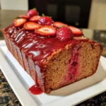 Strawberry bread loaf with pink strawberry glaze dripping down sides on white cake stand with fresh strawberries