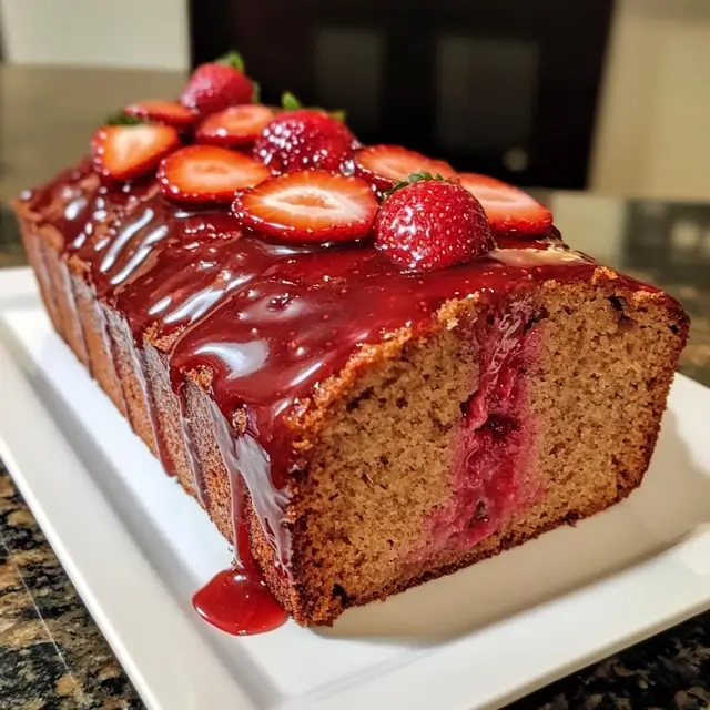 Strawberry bread loaf with pink strawberry glaze dripping down sides on white cake stand with fresh strawberries