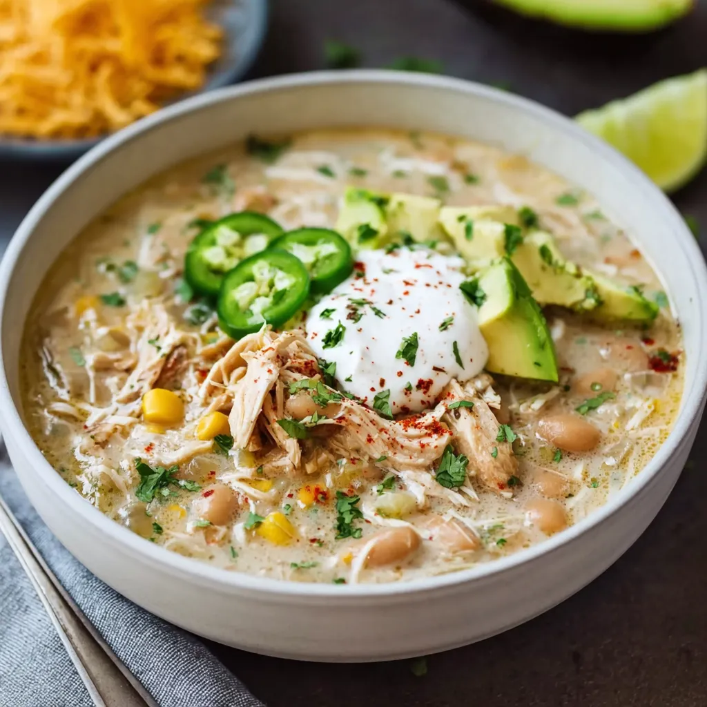 A white chicken chili simmering in a slow cooker, with tender shredded chicken, white beans, and aromatic spices.