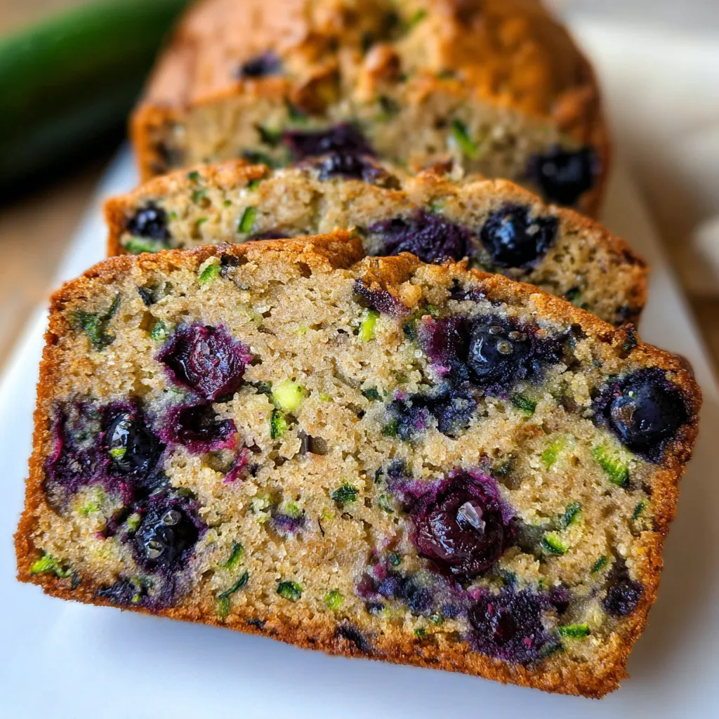 Freshly baked loaf of moist, homemade blueberry zucchini bread, topped with a dusting of powdered sugar and garnished with fresh blueberries.