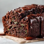 Freshly baked chocolate zucchini bread loaf with a moist, fudgy texture and grated zucchini visible throughout.