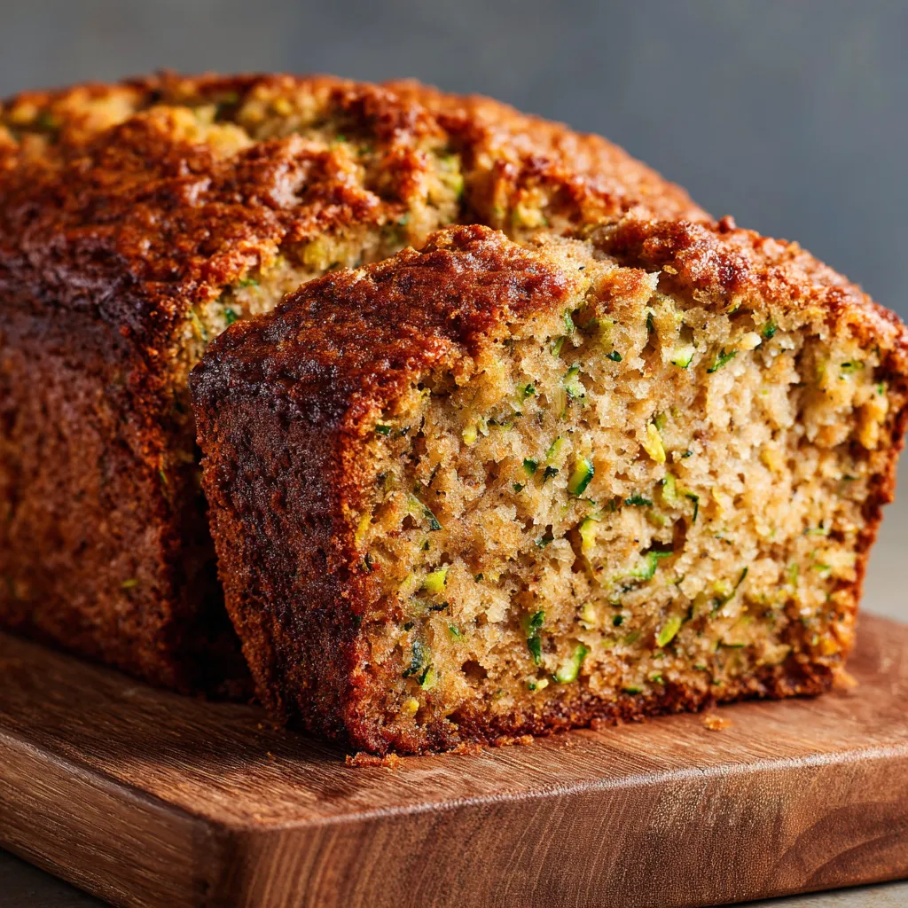 Moist banana zucchini bread slice. Healthy baked good recipe.