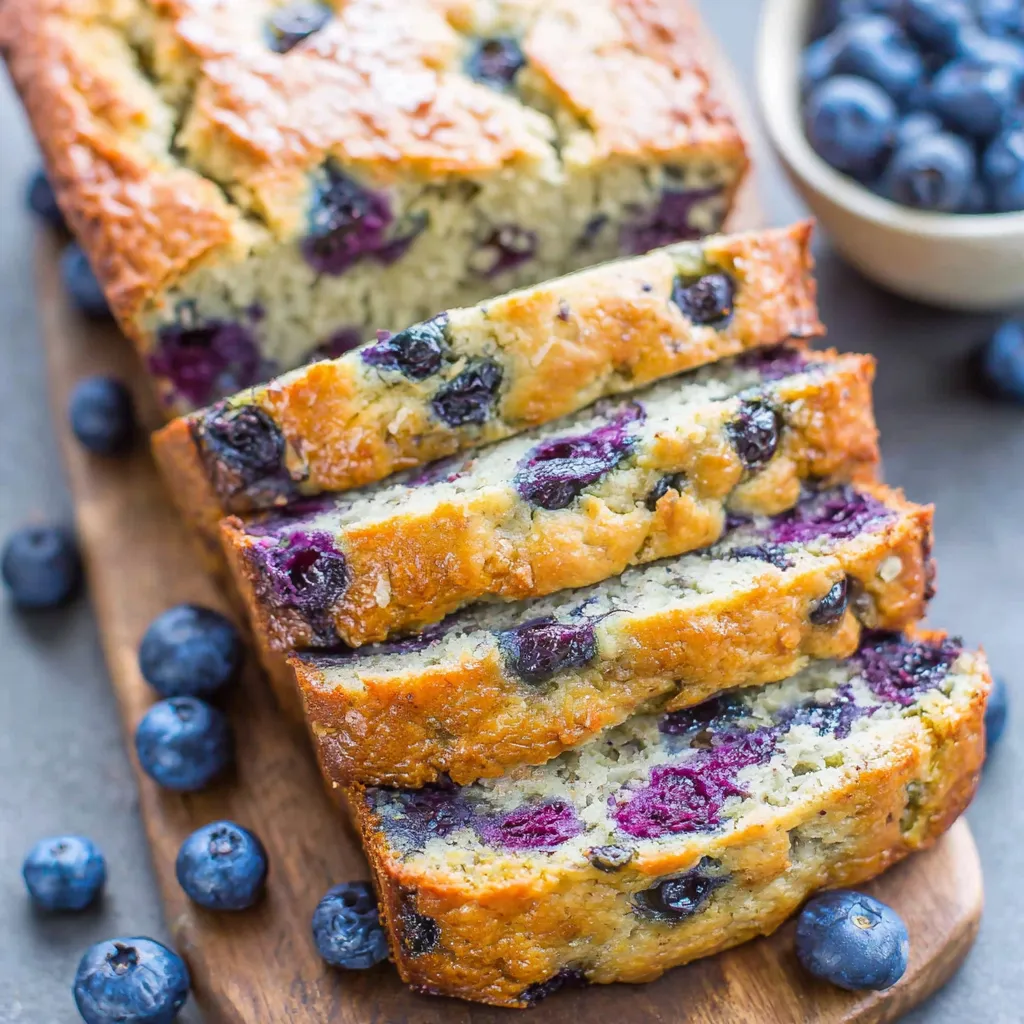 Blueberry banana zucchini bread slice on plate. Delicious, moist baked treat.