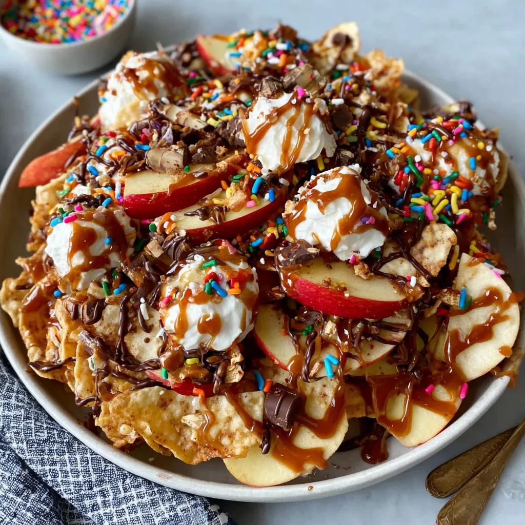 Caramel apple nachos: Sliced apples drizzled with caramel, chocolate and sprinkles.