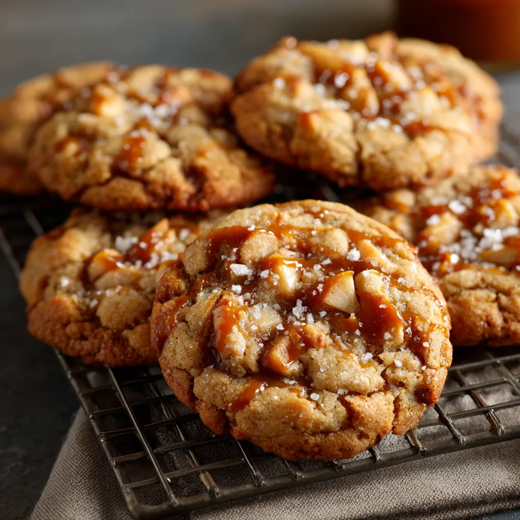 Chewy caramel apple cookies on a plate. Delicious fall baking!