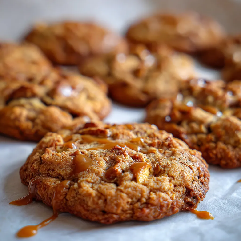 Chewy caramel apple cookie, close-up. Delicious fall baking!