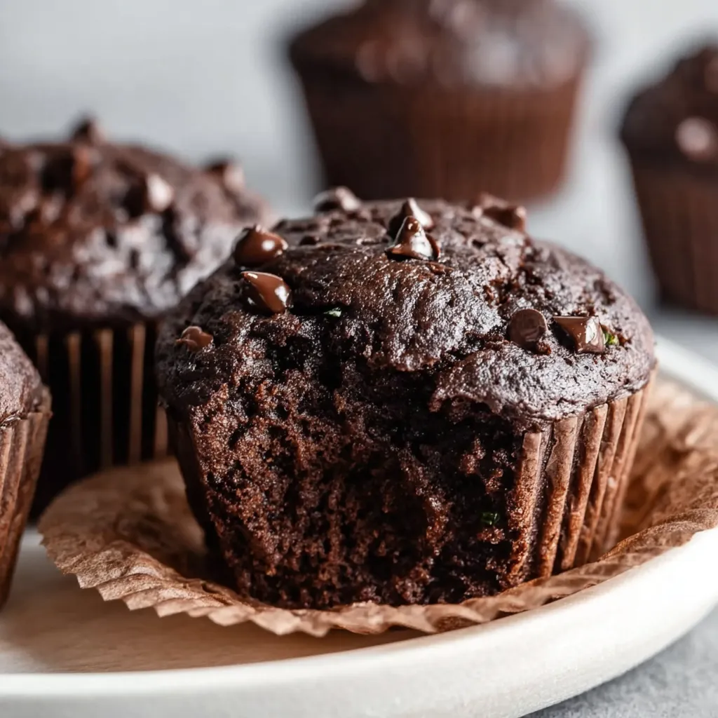 Delicious chocolate zucchini muffins on a plate. Moist, decadent, and perfect for chocoholics!