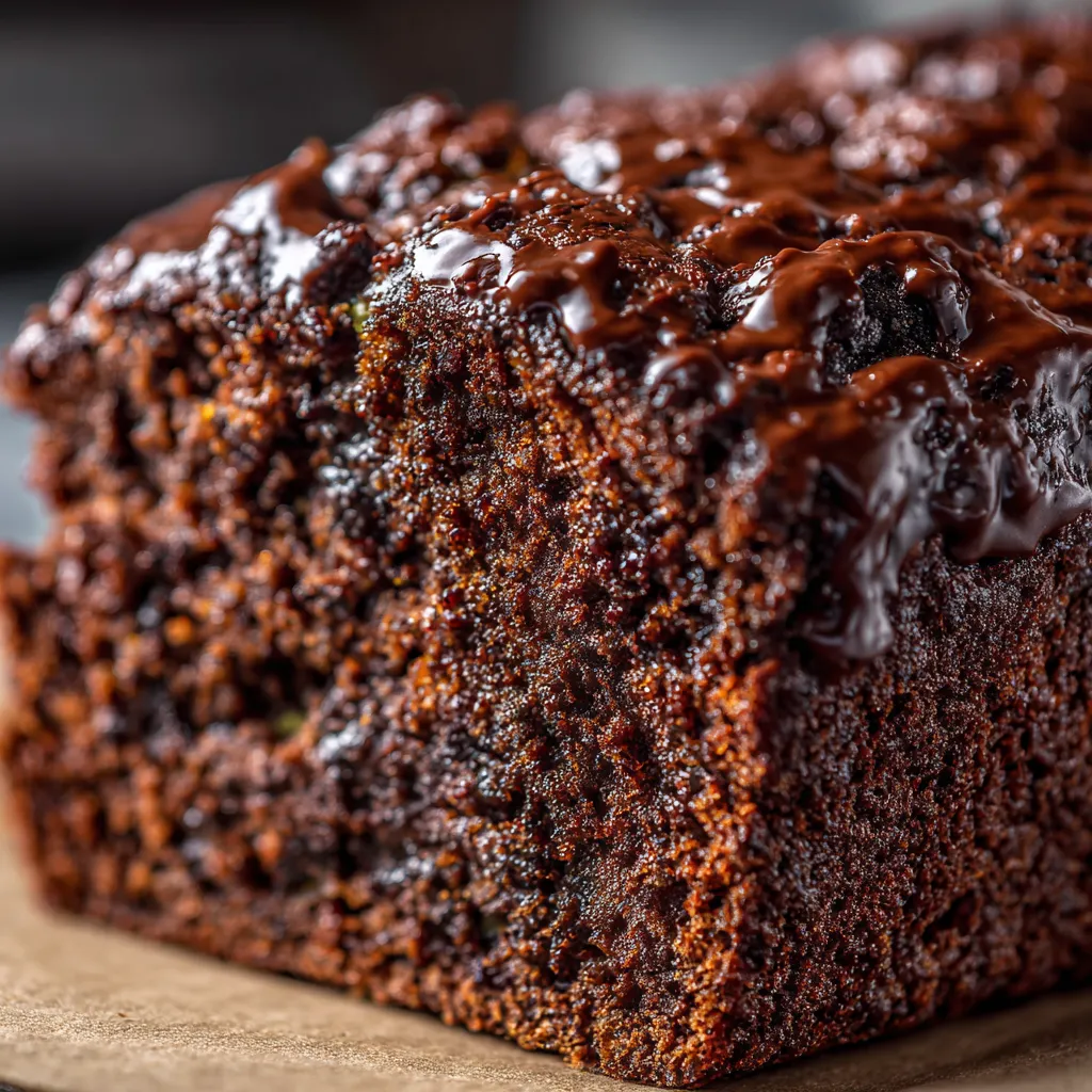Moist chocolate zucchini bread slice on a plate.