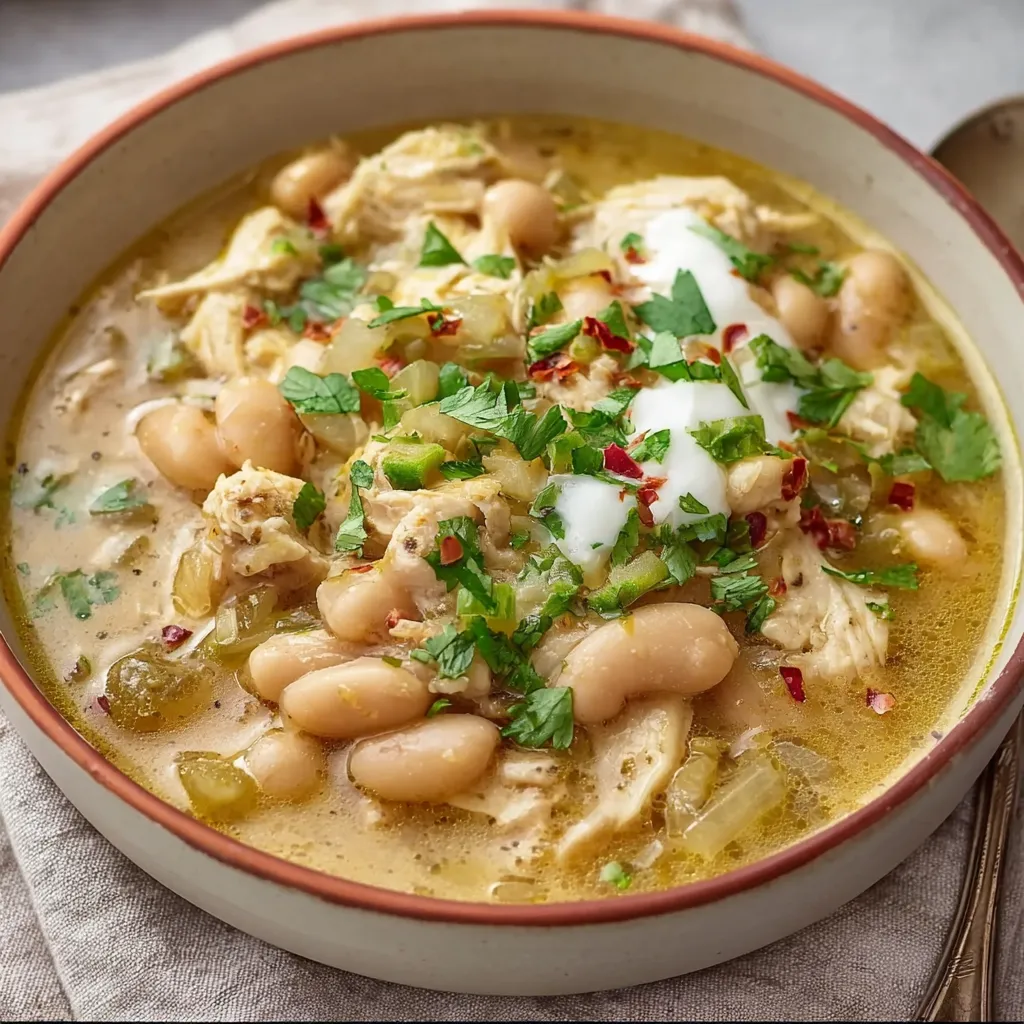 Creamy white chicken chili in a bowl. Comfort food recipe.