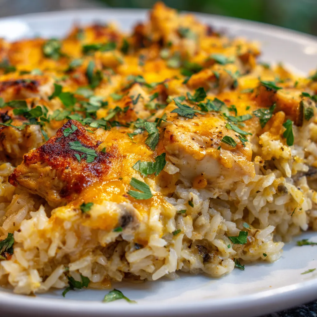Creamy chicken and rice casserole, ready to bake. Easy weeknight dinner recipe.
