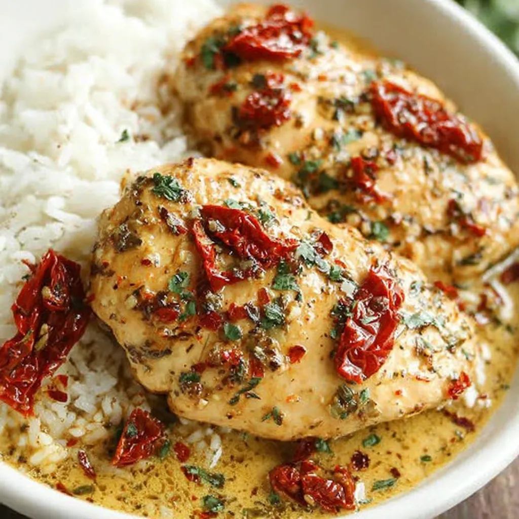 Crockpot Marry Me Chicken: Creamy tomato sauce, chicken breasts, herbs.