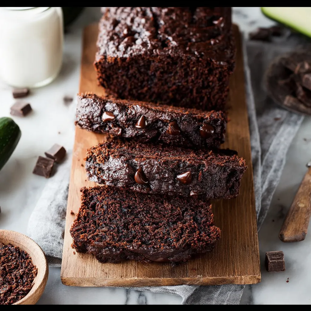 Slice of moist, dark double chocolate zucchini bread on a plate.