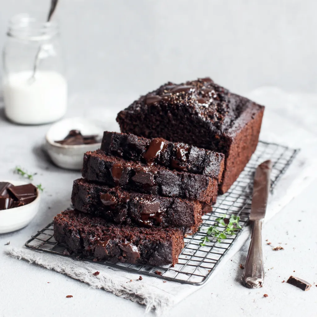 Double chocolate zucchini bread slice. Moist, delicious, guilt-free treat.