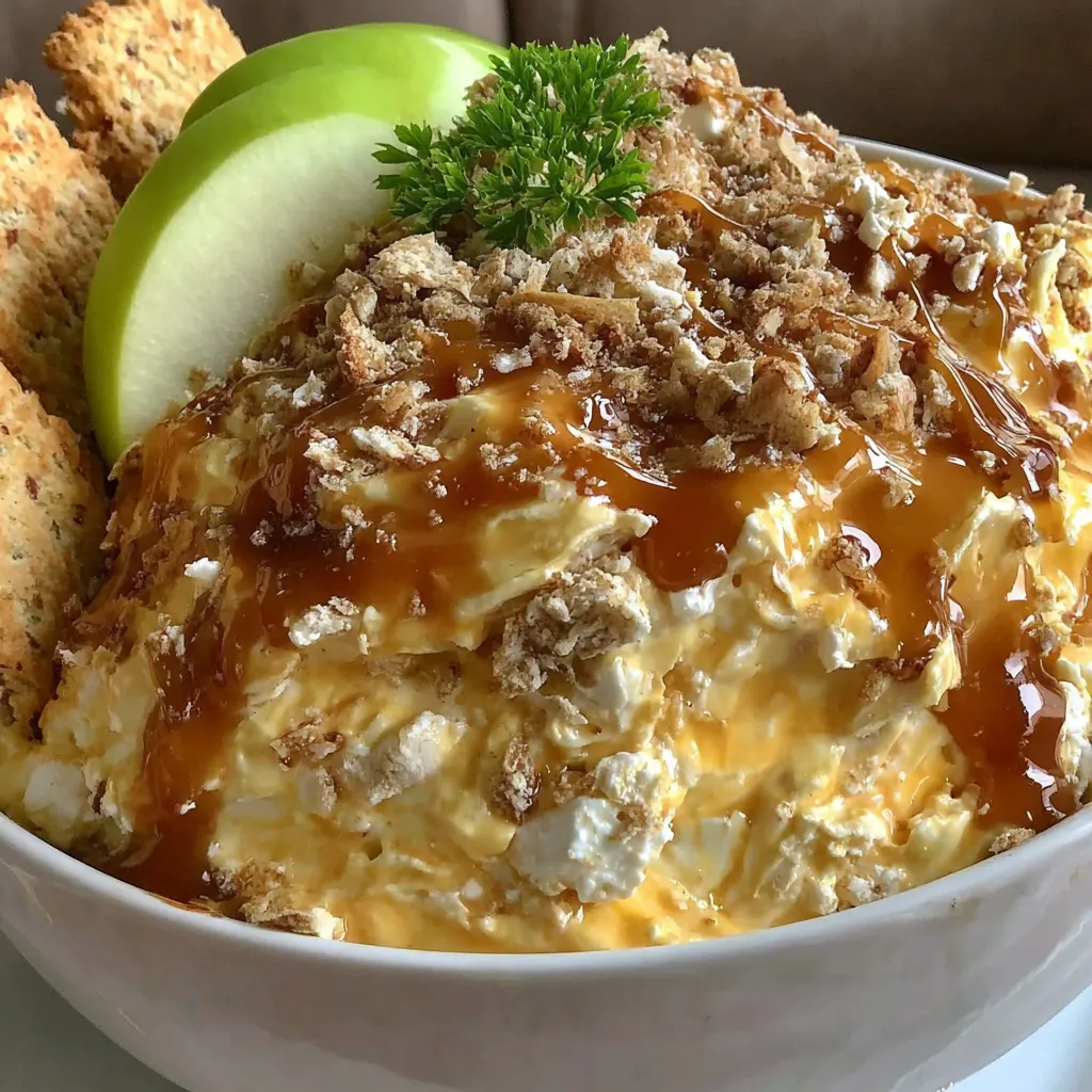 Caramel apple dip close-up. Easy homemade dessert with sliced apples.