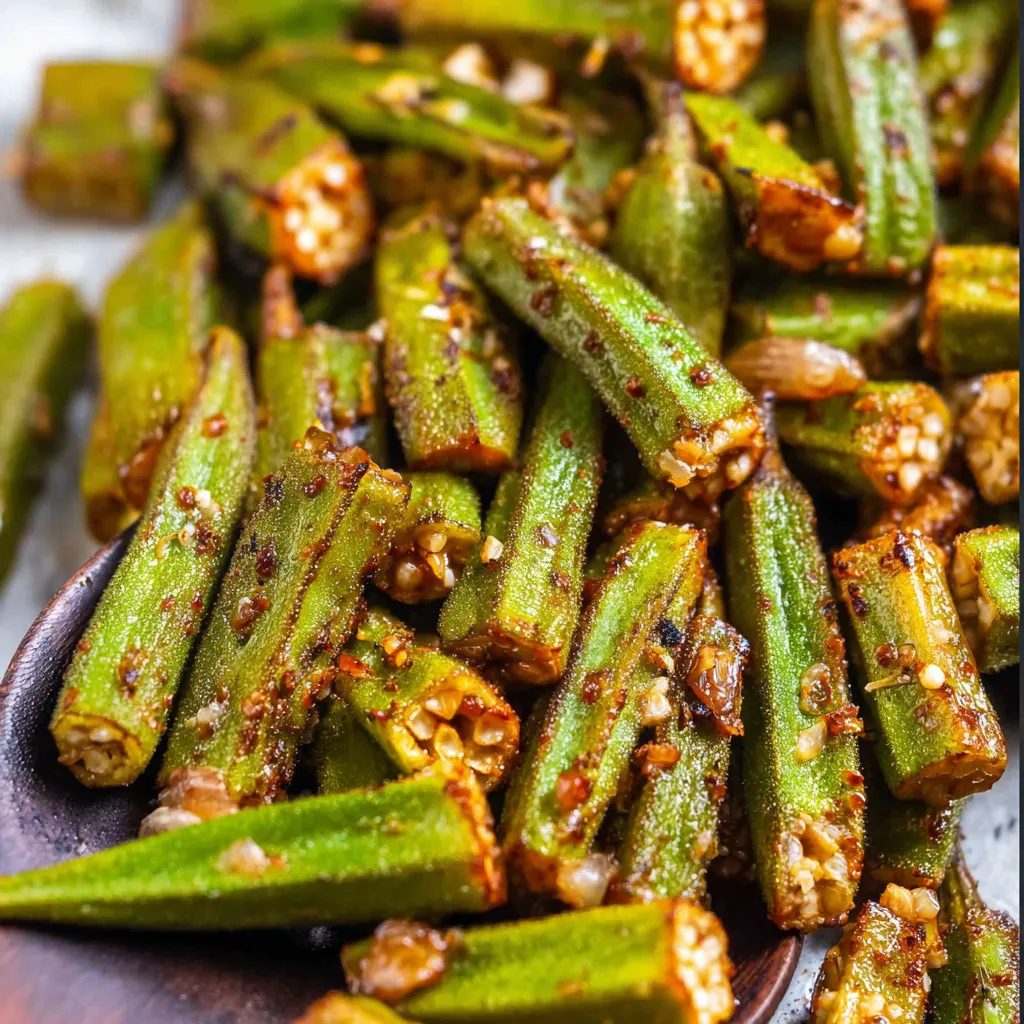 Garlic roasted okra on a plate. Crispy, delicious veggie dish.