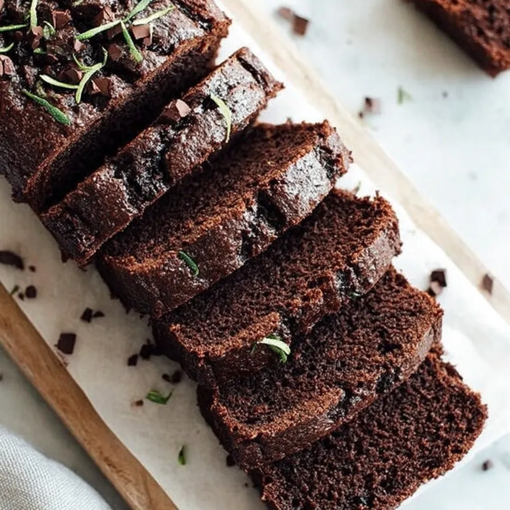 Chocolate zucchini bread slice. Moist, healthy dessert.