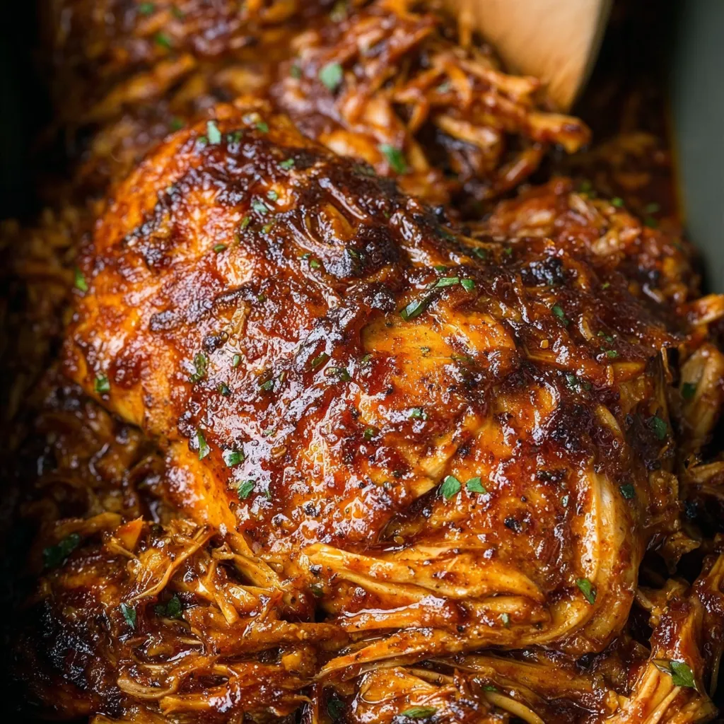 Crockpot BBQ chicken shredded and piled high, ready to eat.