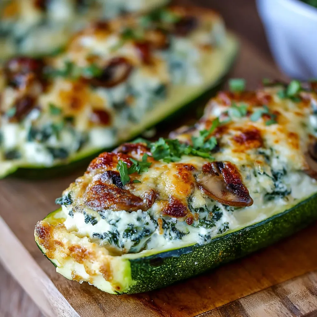 Mushroom ricotta stuffed zucchini boats, low-carb deliciousness.