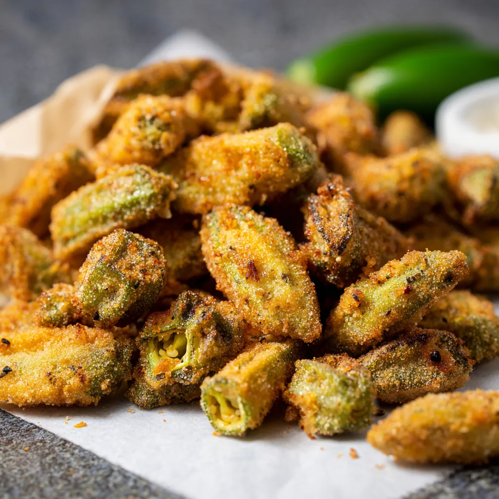 Spicy Cajun fried okra. Crispy, seasoned okra snack.