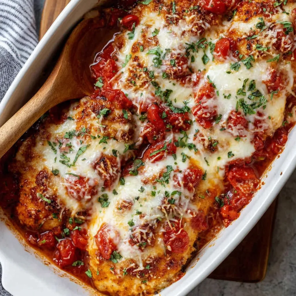 Cheesy chicken parmesan casserole with layers of breaded chicken, marinara sauce, and melted mozzarella cheese, ready to bake.