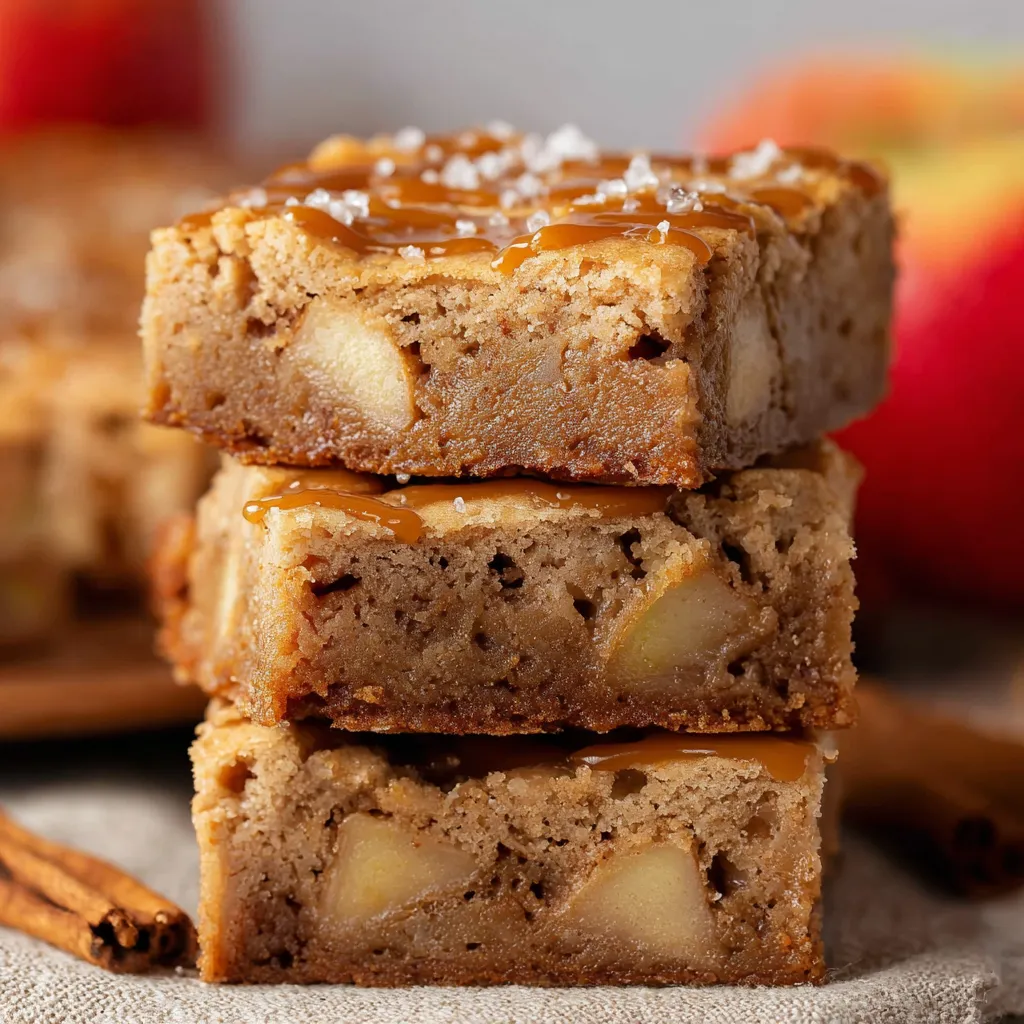 Gooey, caramel-filled apple blondies topped with crunchy salted caramel chips and a dusting of powdered sugar.
