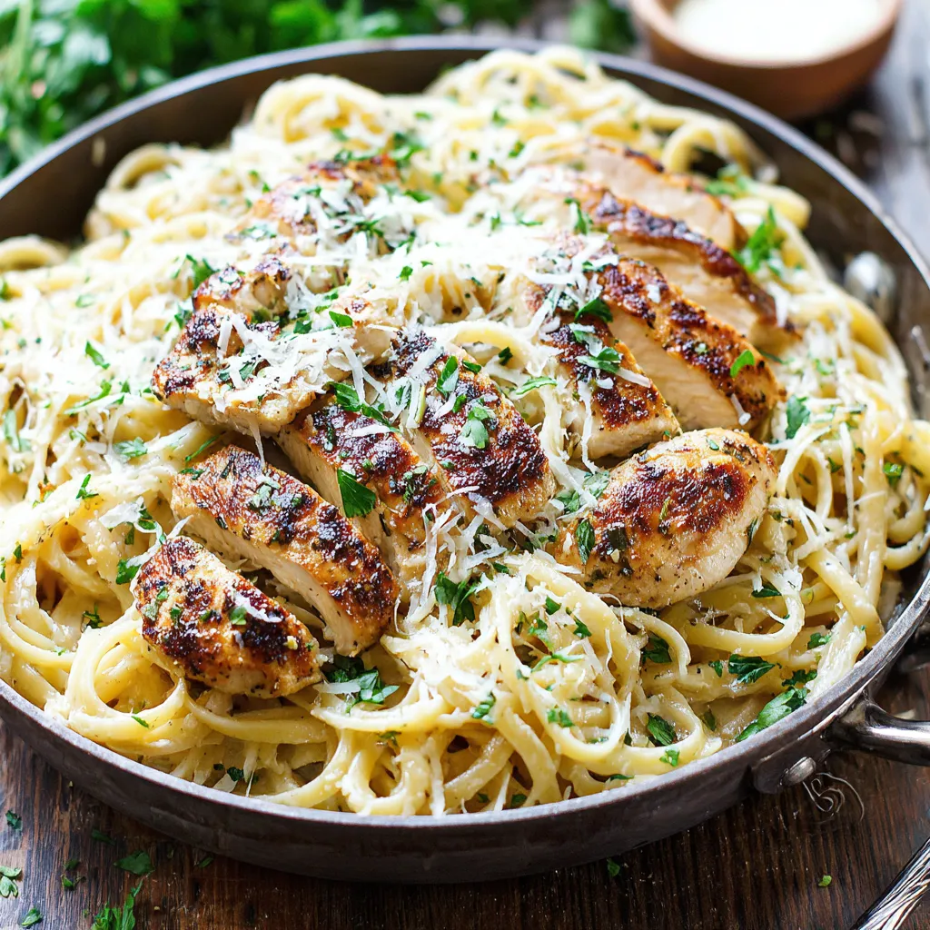 A plate of creamy parmesan garlic chicken pasta with tender chicken, fresh herbs, and grated parmesan cheese.
