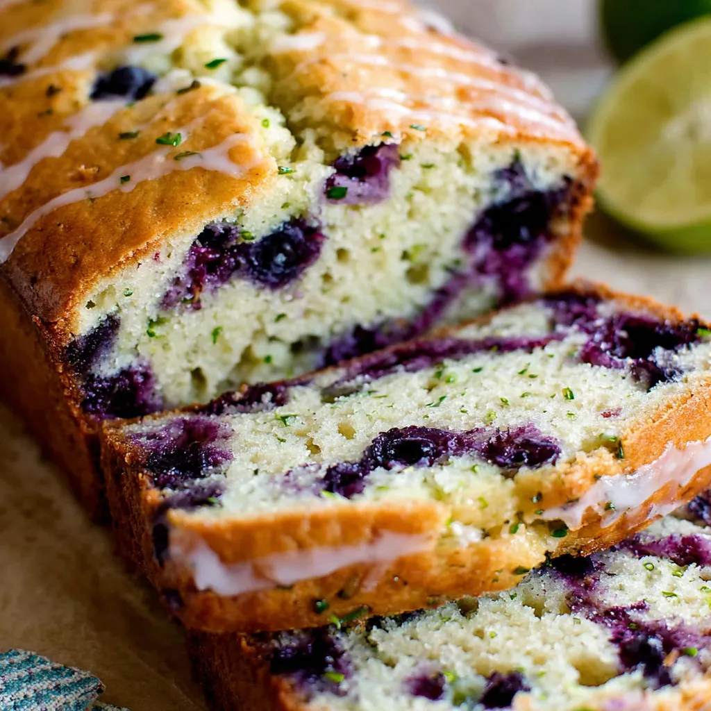 Freshly baked lemon blueberry zucchini bread with a golden top, sliced and ready to enjoy.