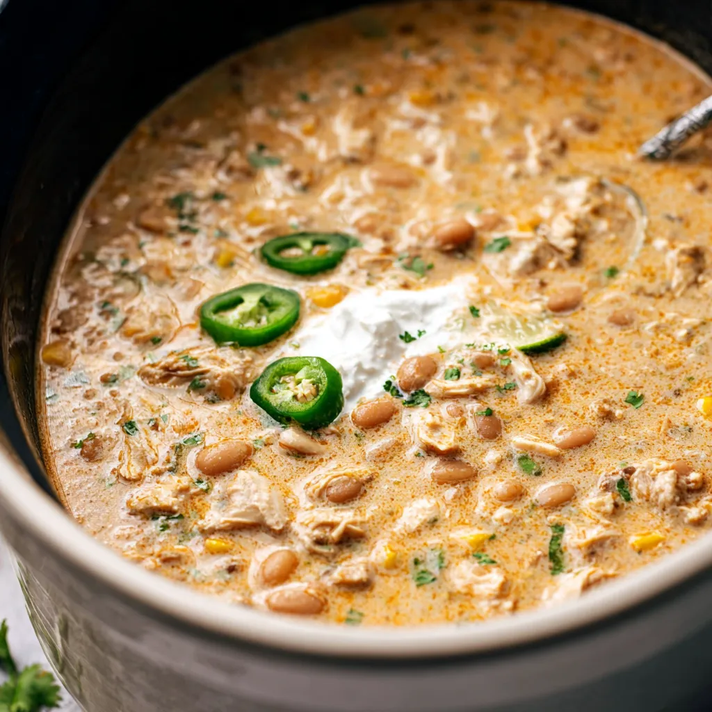 A white ceramic slow cooker filled with creamy white chicken chili, garnished with chopped cilantro and sour cream.
