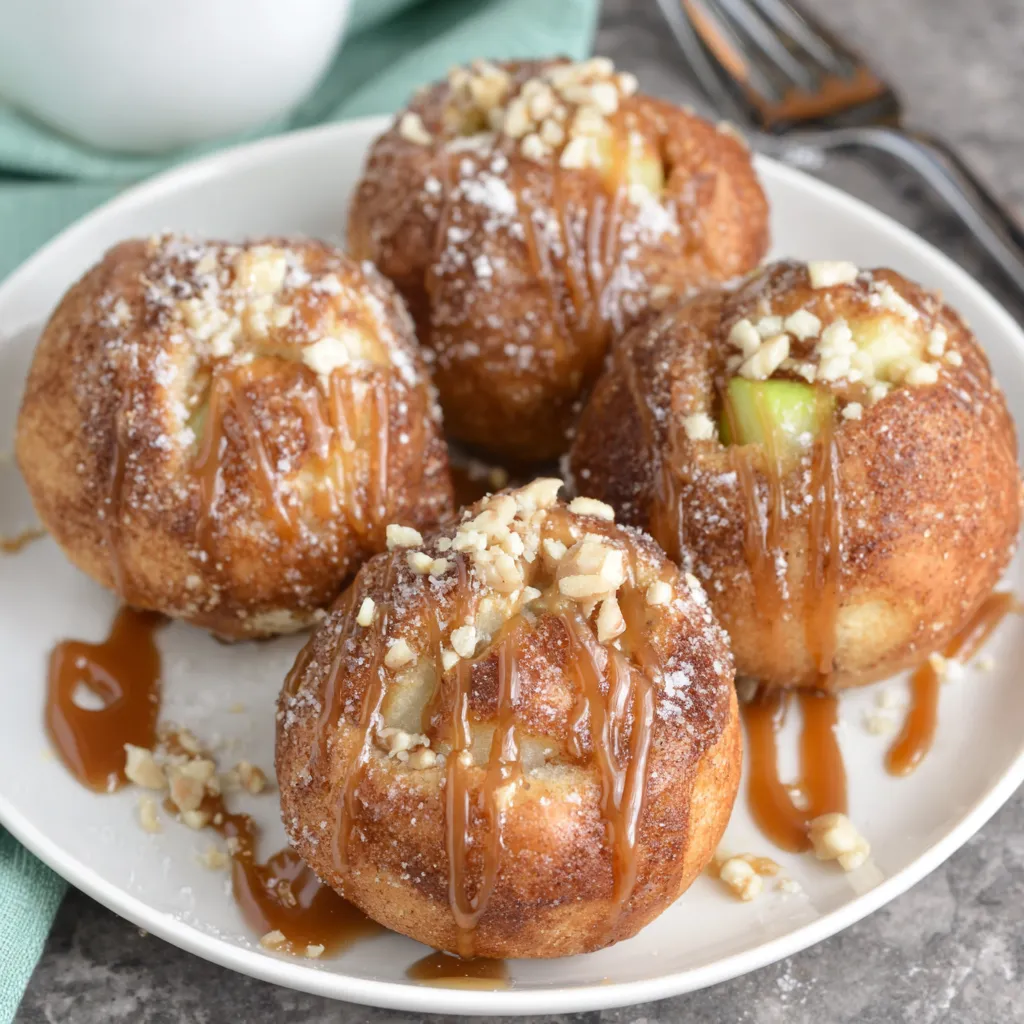 Gooey caramel-filled apple pie bites with cinnamon sugar coating, ready to delight your senses.