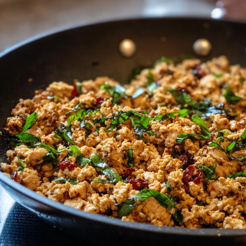 Ground chicken skillet with colorful bell peppers and onions.
