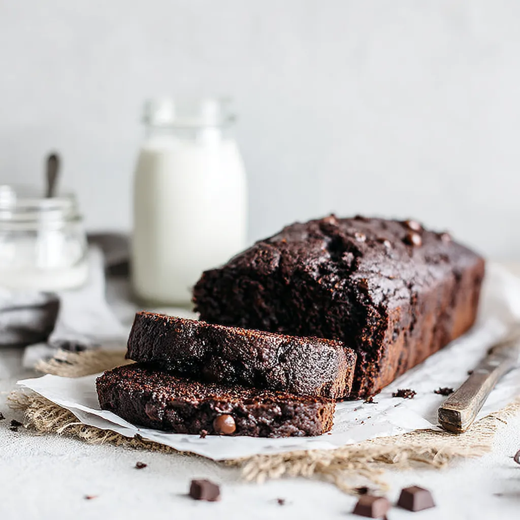 A freshly baked loaf of fudgy chocolate zucchini bread, a delicious way to sneak vegetables into a sweet treat.
