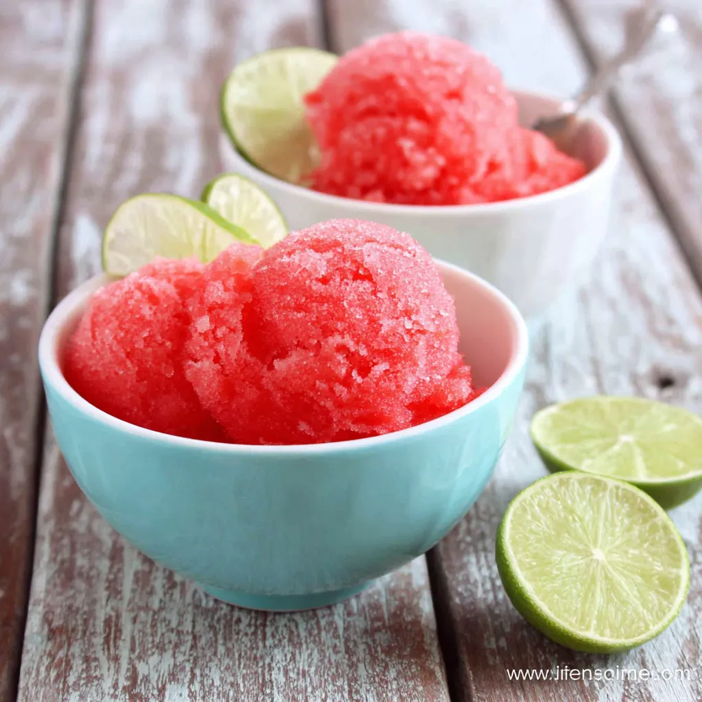 Vibrant watermelon sorbet in a glass. Refreshing & easy summer treat.