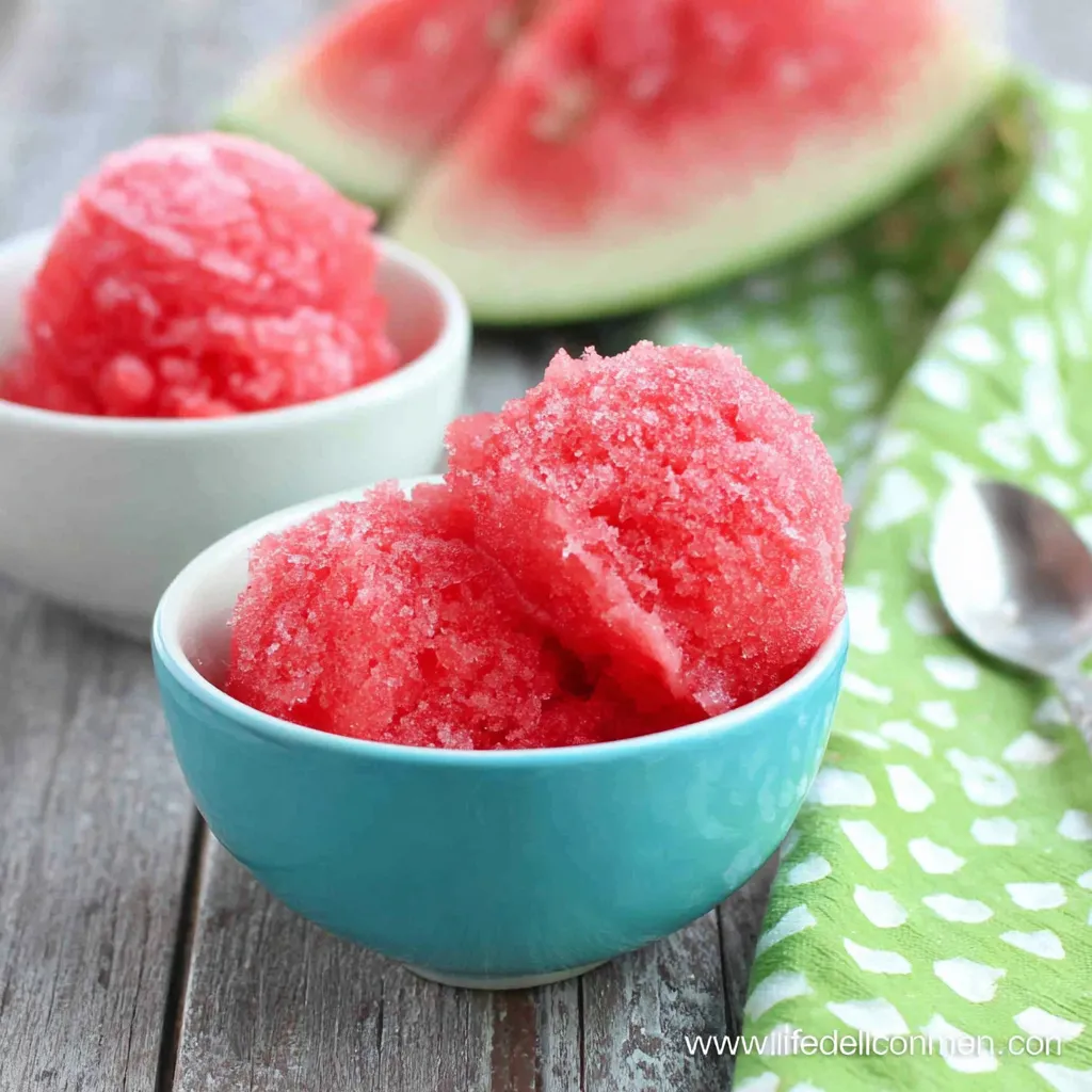 Bright pink watermelon sorbet in glass bowl, summer treat.