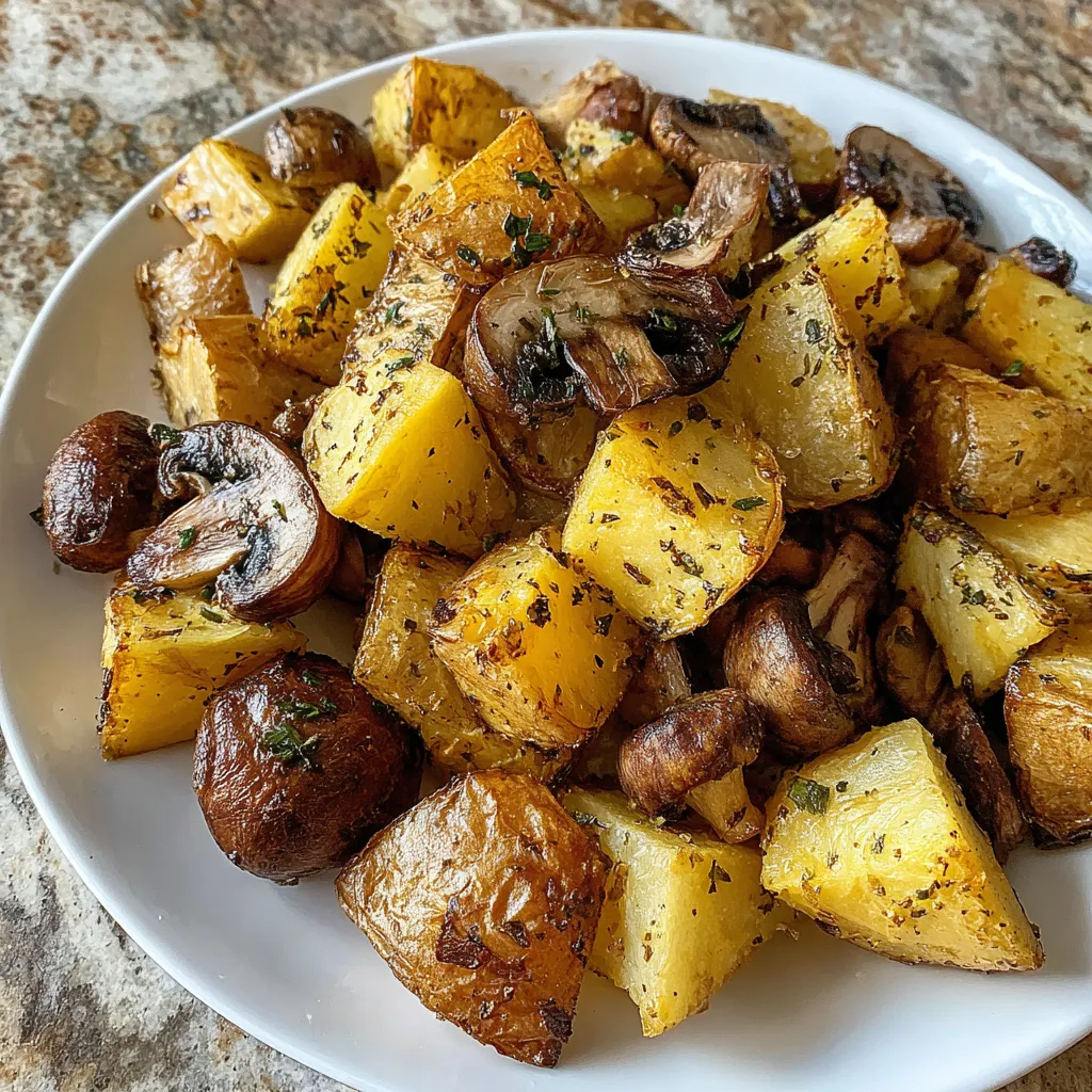 Air fryer potatoes and mushrooms, golden brown and crispy.