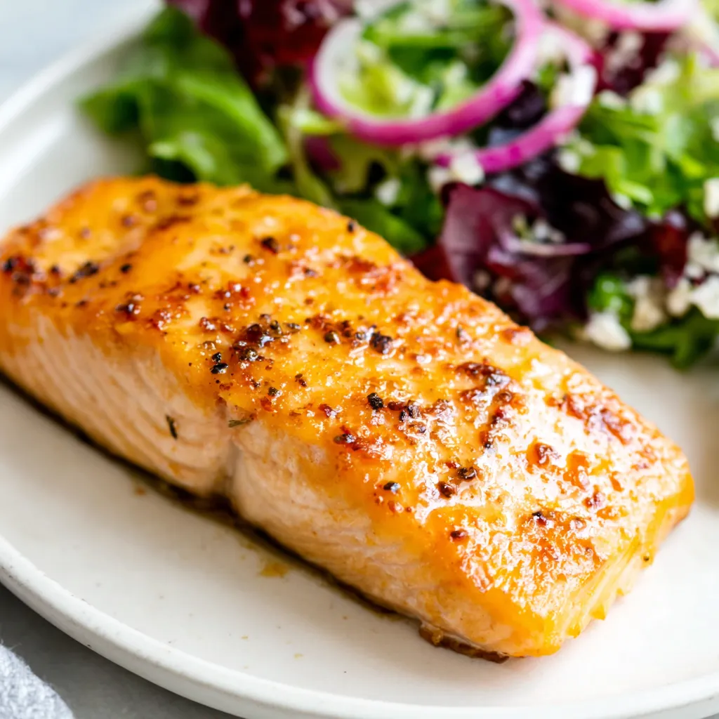 Crispy air fryer salmon fillet on a plate. Easy 15-minute recipe.