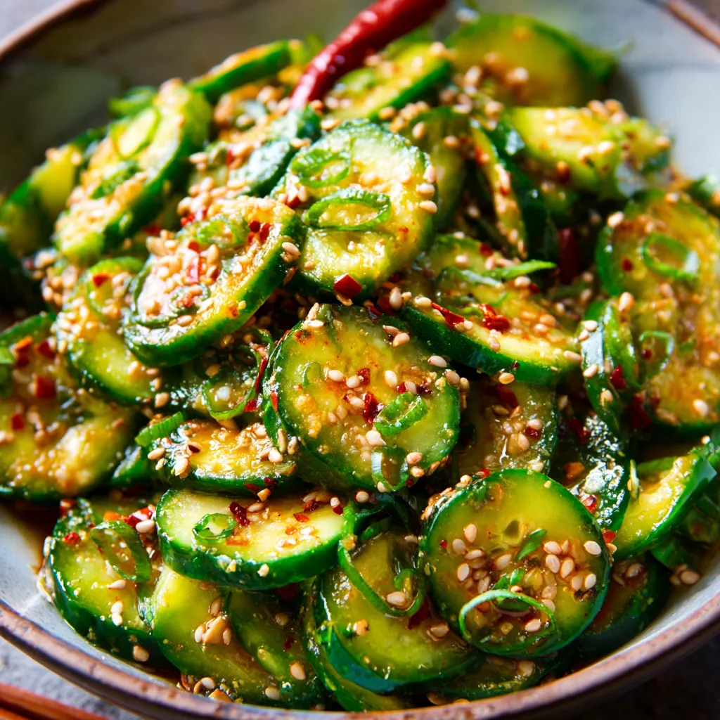 Cucumber salad close-up. Refreshing Asian cucumber recipe.