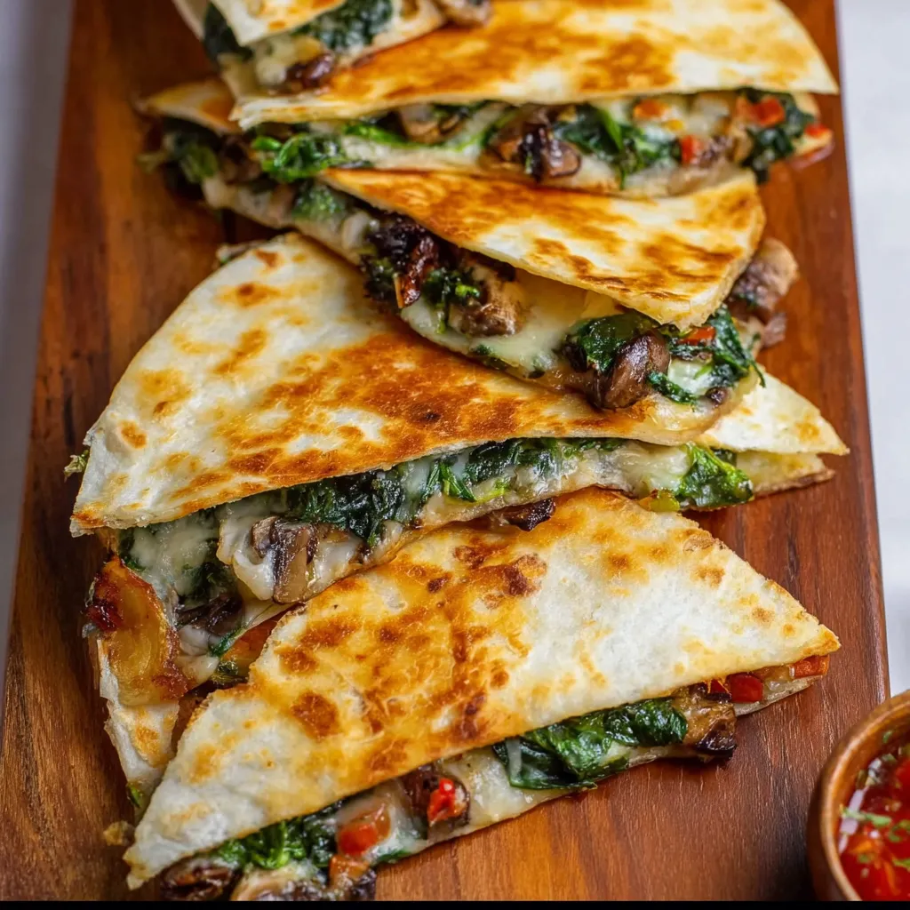Baked spinach mushroom quesadilla, cheesy and golden brown.