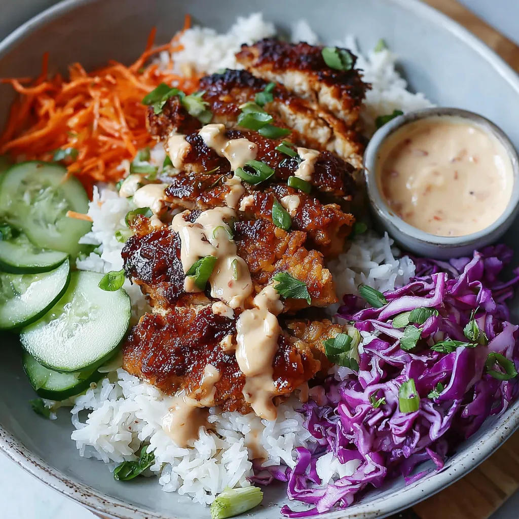 Spicy Bang Bang Chicken Bowl close-up. Juicy chicken, rice, veggies, and creamy sauce.