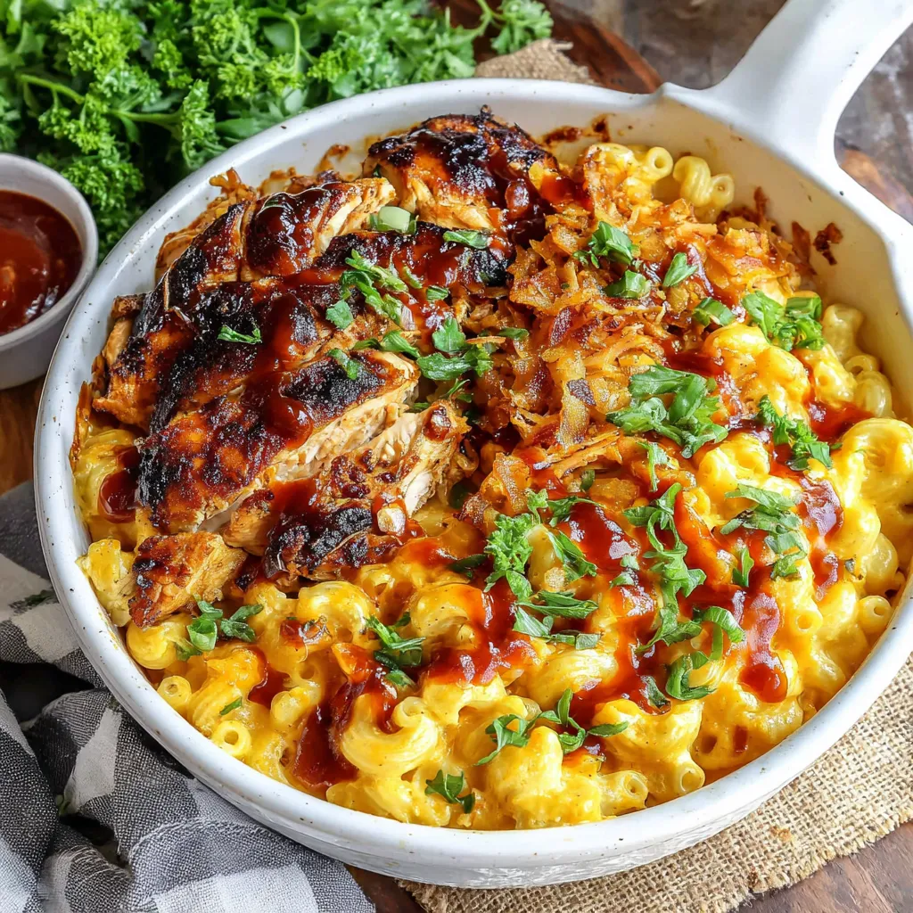 BBQ Chicken Mac and Cheese: Creamy mac with BBQ chicken and melted cheese.