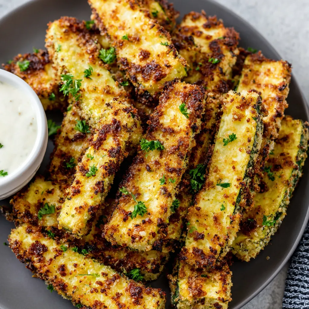 Crispy air fryer zucchini fries fresh from the air fryer basket.