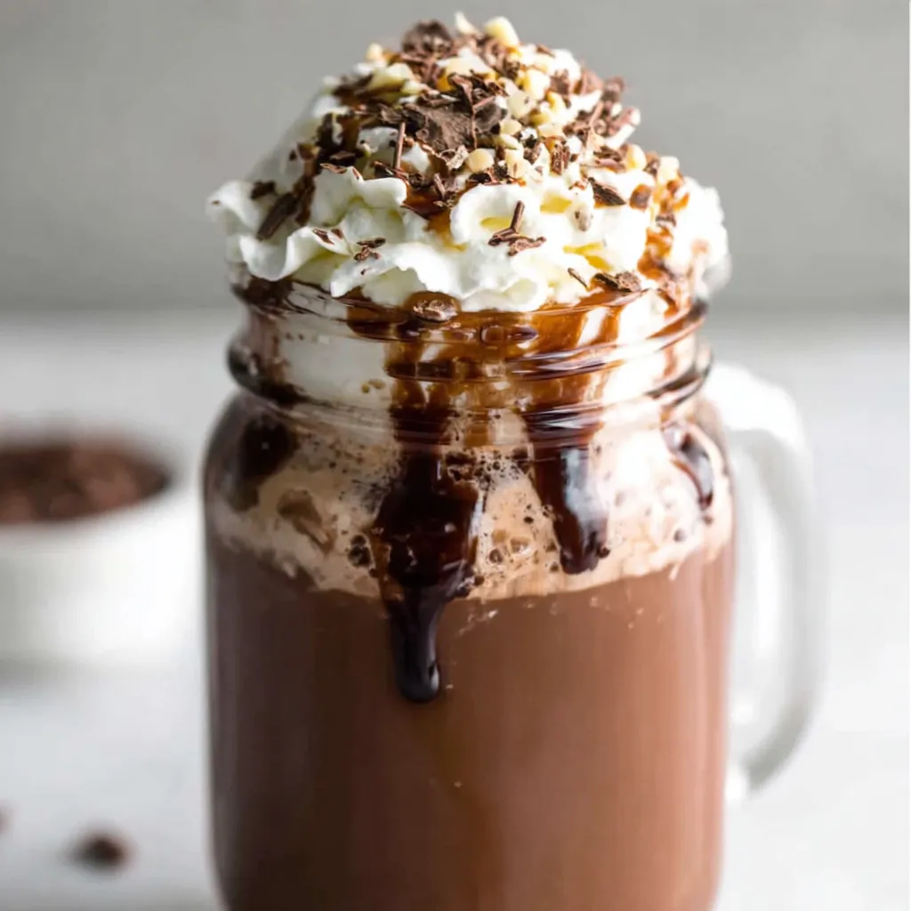Creamy iced mocha coffee drink in glass. Chocolate, coffee, and ice.