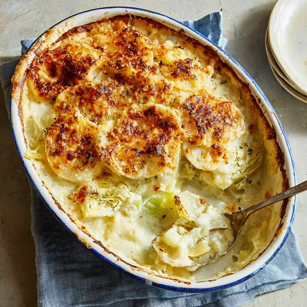 Creamy baked kohlrabi gratin. Dreamy, cheesy vegetable side dish.